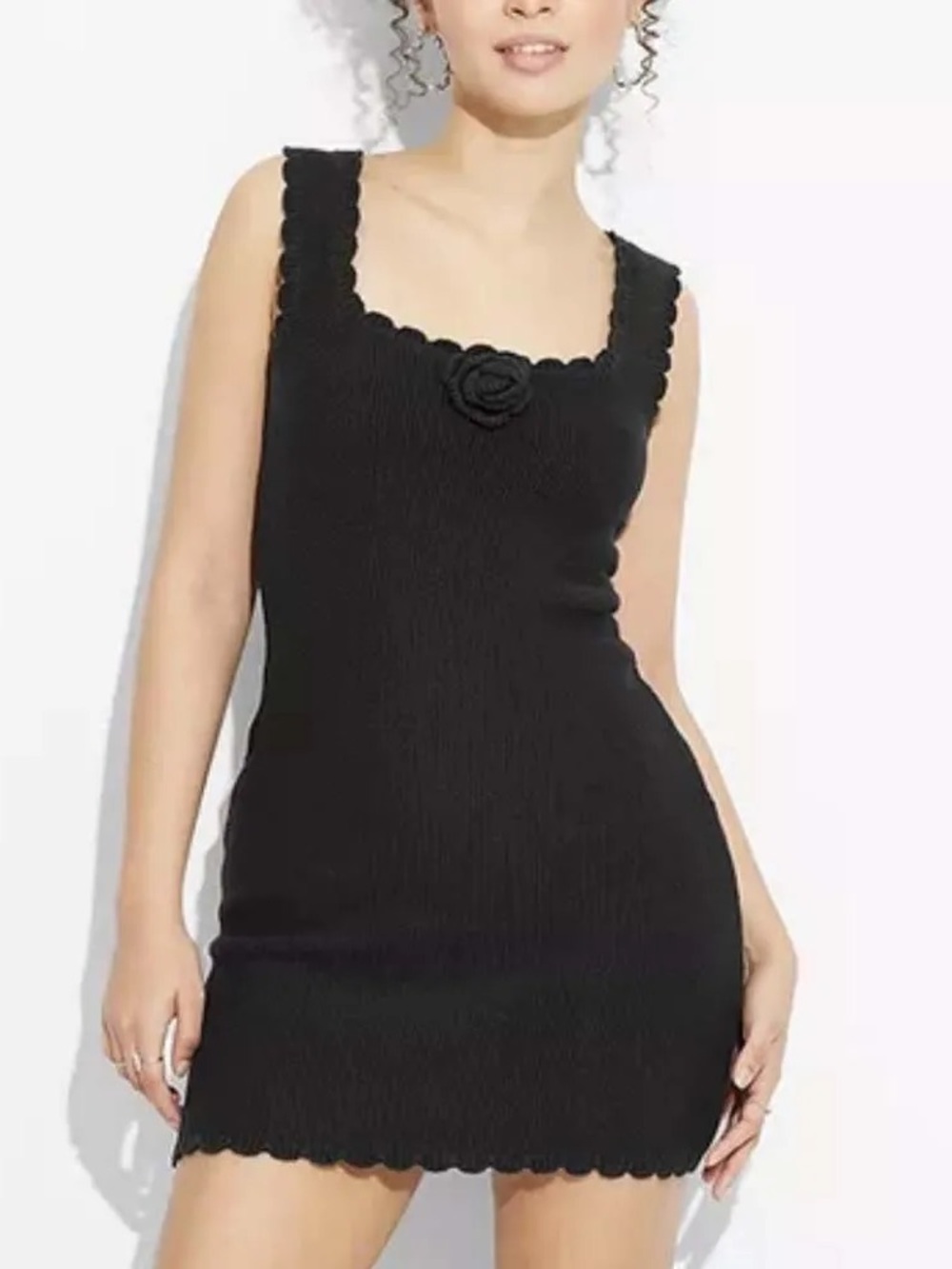 wild fable Black Scallop-Trim Tank Mini Dress with Rosette